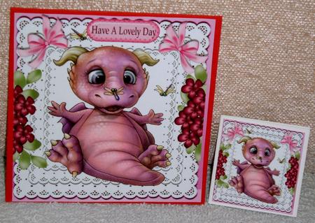Cute Little Pink Baby Dragon on Lace with Bows 8x8 by Linda Wright