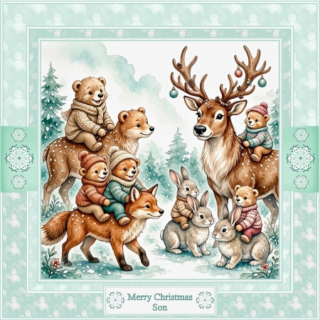 Watercolor Winter Animals – 1024×1024 Reindeer, Fox, & Teddy Bears Riding Scene by Shirley Thompson