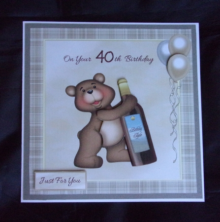 40th Birthday card with teddy bear, wine & balloons by Shirley Thompson