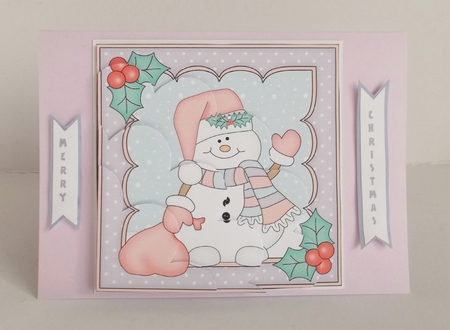 Christmas Snowman Oli has a Santa Sack Shell Edged Corner side stacker by Shirley Thompson