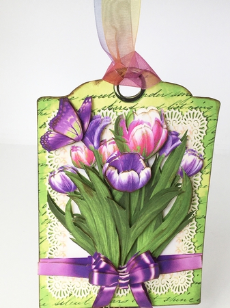 purple tulips with bow and butterflies on a topper/tag by Debbie Bastian