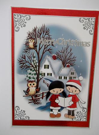 Carol Singers in the Snow with Cute Owls A4 by Margaret Gordon