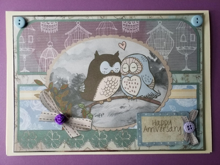 A5 Two Owls Card Front with Topper and Sentiment Tags by Susan Daywan