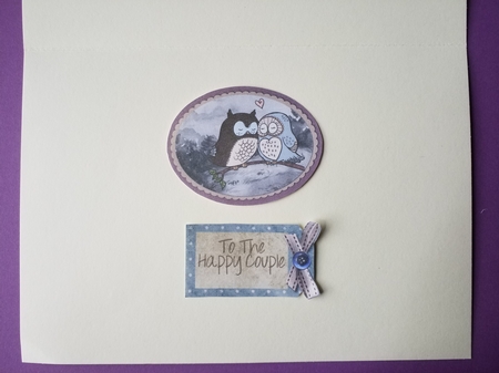 A5 Two Owls Card Front with Topper and Sentiment Tags by Susan Daywan