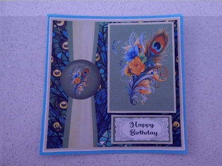 Peacock feather panel card front by Susan Doyle