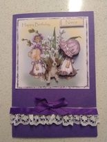 Birthday card with vintage girls in garden with spaniel & decoupage by Susan Doyle