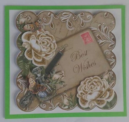 Cream Roses Best Wishes 8in Scallop Decoupage Postcard Topper by Susan Doyle