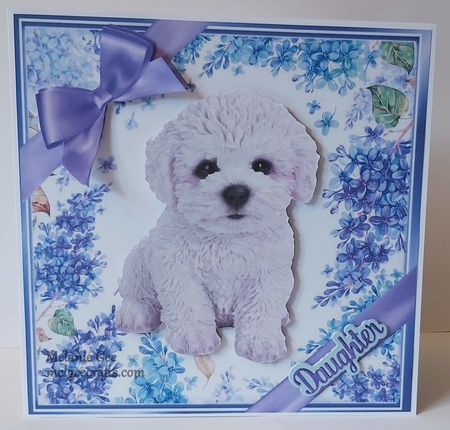 Gorgeous little bichon puppy with purple bows and flowers 8x8 by Melanie Gee