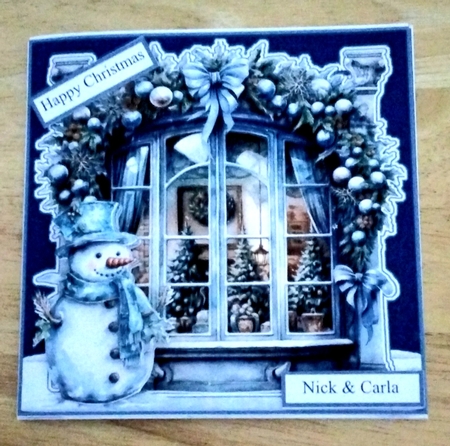Snowman and baubles,  at window 7x7 card, insert and shaped gift tags by Amanda Cousins