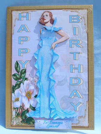 Lady in Blue Decoupage Card Front by Margaret Nichol