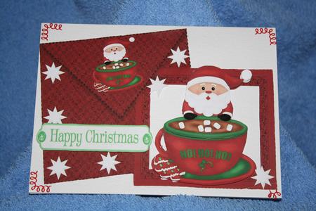 Santa with Choc in Teacup, on Card & Envelope by Margaret Nichol