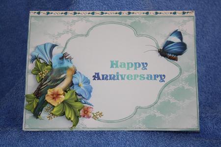 Anniversary Petunia Bird Card Front by Margaret Nichol