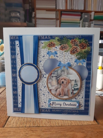 Blue Christmas pup card front 1 by Ann Davies