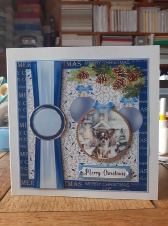 Blue Christmas pup card front 3 by Ann Davies
