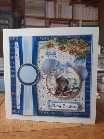 Blue Christmas pup card front 5 by Ann Davies