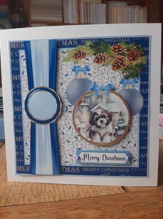 Blue Christmas pup card front 7 by Ann Davies