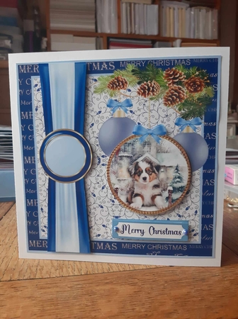 Blue Christmas pup card front 12 by Ann Davies