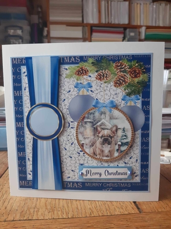 Blue Christmas pup card front 13 by Ann Davies