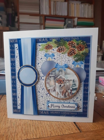 Blue Christmas pup card front 14 by Ann Davies