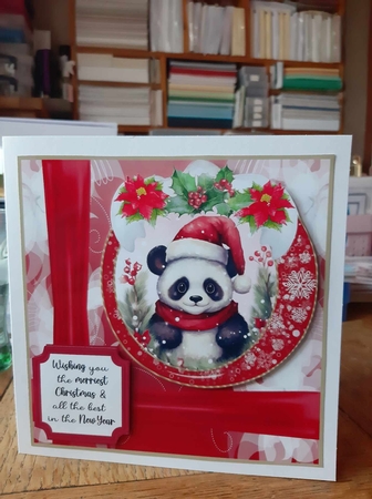 Red Christmas panda card front  by Ann Davies