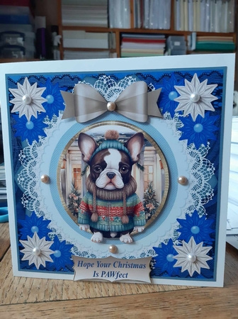 Blue Christmas pup in jumper card front 13 by Ann Davies