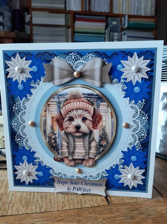 Blue Christmas pup in jumper card front 14 by Ann Davies