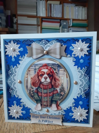 Blue Christmas pup in jumper card front 15 by Ann Davies