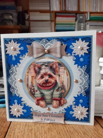 Blue Christmas pup in jumper card front 16 by Ann Davies
