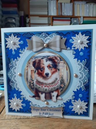 Blue Christmas pup in jumper card front 17 by Ann Davies