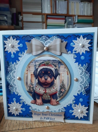 Blue Christmas pup in jumper card front 18 by Ann Davies