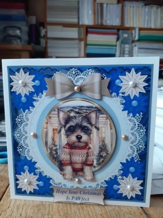 Blue Christmas pup in jumper card front 19 by Ann Davies