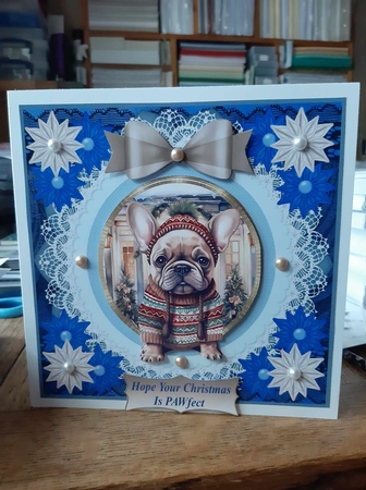 Blue Christmas pup in jumper card front 20 by Ann Davies