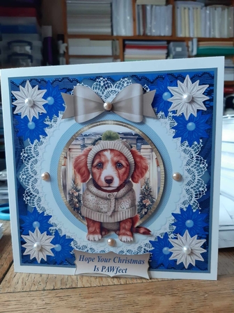 Blue Christmas pup in jumper card front 21 by Ann Davies