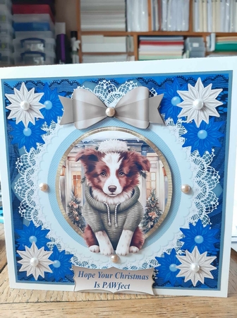 Blue Christmas pup in jumper card front 22 by Ann Davies