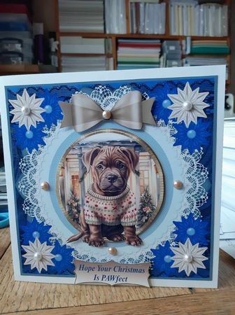 Blue Christmas pup in jumper card front 23 by Ann Davies