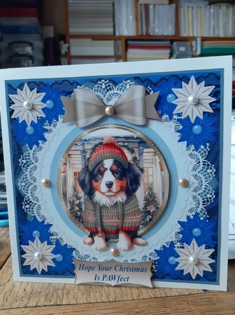 Blue Christmas pup in jumper card front 24 by Ann Davies