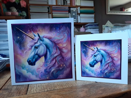 I Believe. Beautiful Golded Horn Unicorn 7x7 Card Kit. Matching Box, Gift Bauble,Tag by Ann Davies