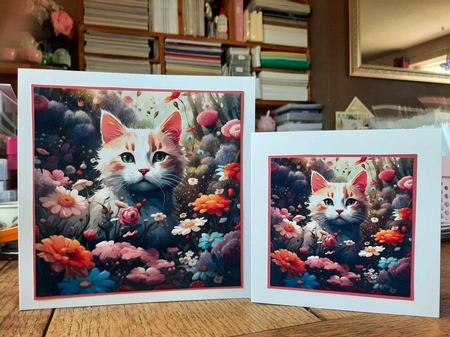Hiding In The Flowers. Cat Card 7x7 Card Kit. Matching Box, Gift Bauble,Tag by Ann Davies