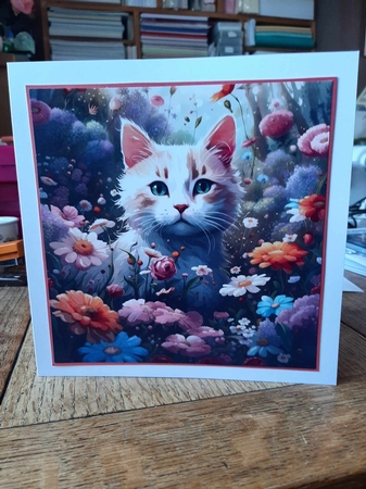 Hiding In The Flowers. Cat Card 7x7 Card Kit. Matching Box, Gift Bauble,Tag by Ann Davies