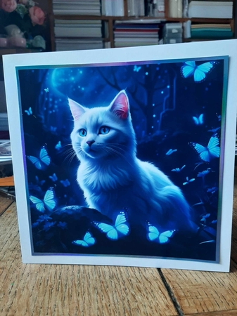 Beautiful Once In A Blue Moon Cat 7x7 Card Kit. Matching Box, Gift Bauble,Tag by Ann Davies