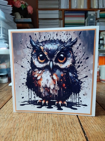 Splatter Art. The Owl 7x7 Card Kit. Matching Box, Gift Bauble,Tag by Ann Davies