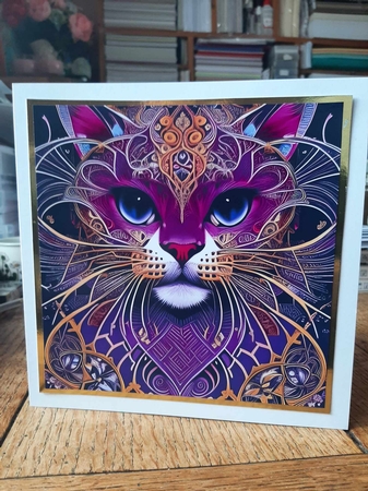 Purple Tribal Cat 7x7 Card Kit. Matching Box, Gift Bauble,Tag by Ann Davies