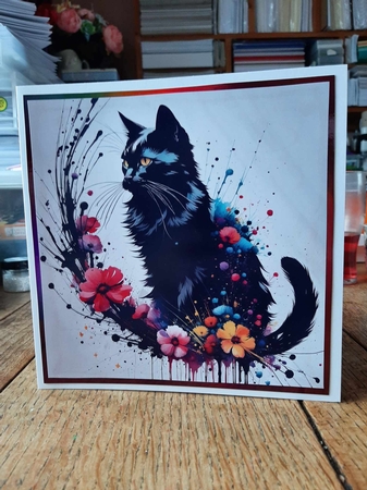 Splatter Art: Beautiful Black Cat 7x7 Card Kit. Matching Box, Gift Bauble,Tag by Ann Davies