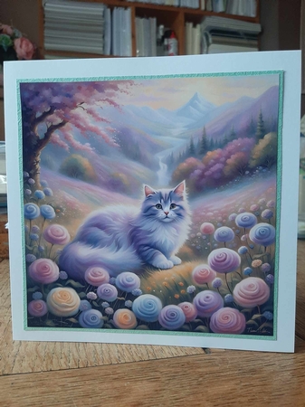 Cute Lilac Cat 7x7 Card Kit. Matching Box, Gift Bauble,Tag by Ann Davies