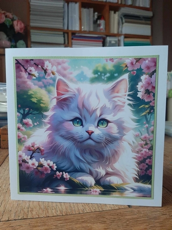 Pink Blossom Cute Cat 7x7 Card Kit. Matching Box, Gift Bauble,Tag by Ann Davies