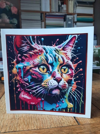 Splatter Art: Cute Colourful Cat 7x7 Card Kit. Matching Box, Gift Bauble,Tag by Ann Davies