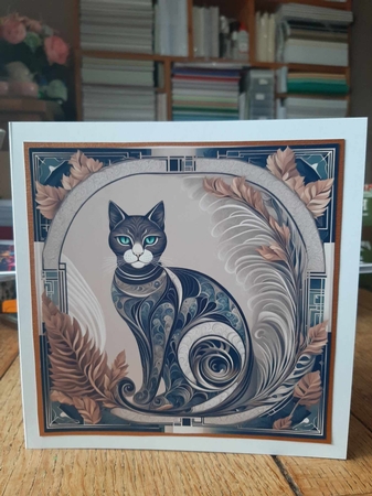 Art Deco Ornate Cat 7x7 Card Kit. Matching Box, Gift Bauble,Tag by Ann Davies