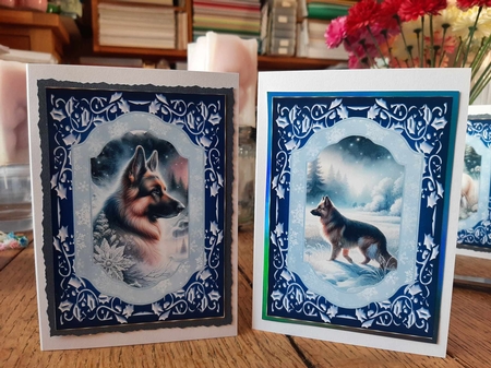 2 Blue winter GSD card fronts 1 by Ann Davies