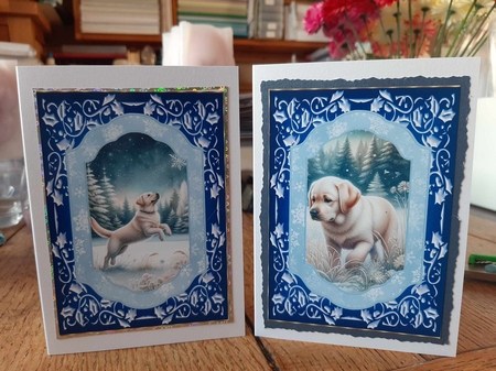 2 Blue winter Labrador card fronts 2 by Ann Davies