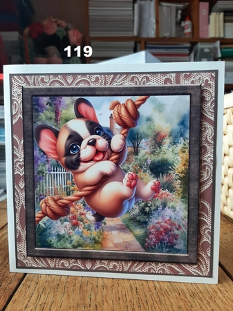 Pup playing in garden card front 4 by Ann Davies